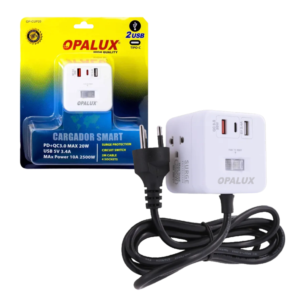 Supresor de Picos Portátil Smart 2500W Con 4 Salidas AC + 2 USB + 1 USB-C  Opalux OP-CUP20