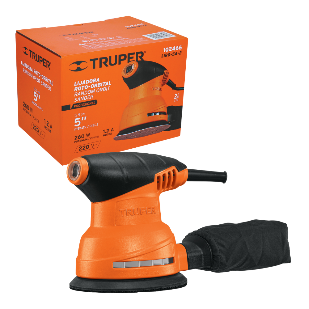 Lijadora Roto Orbital Profesional 5″ 260 W 220 V con doble movimiento elíptico y rotativo Truper LIRO-5A-2