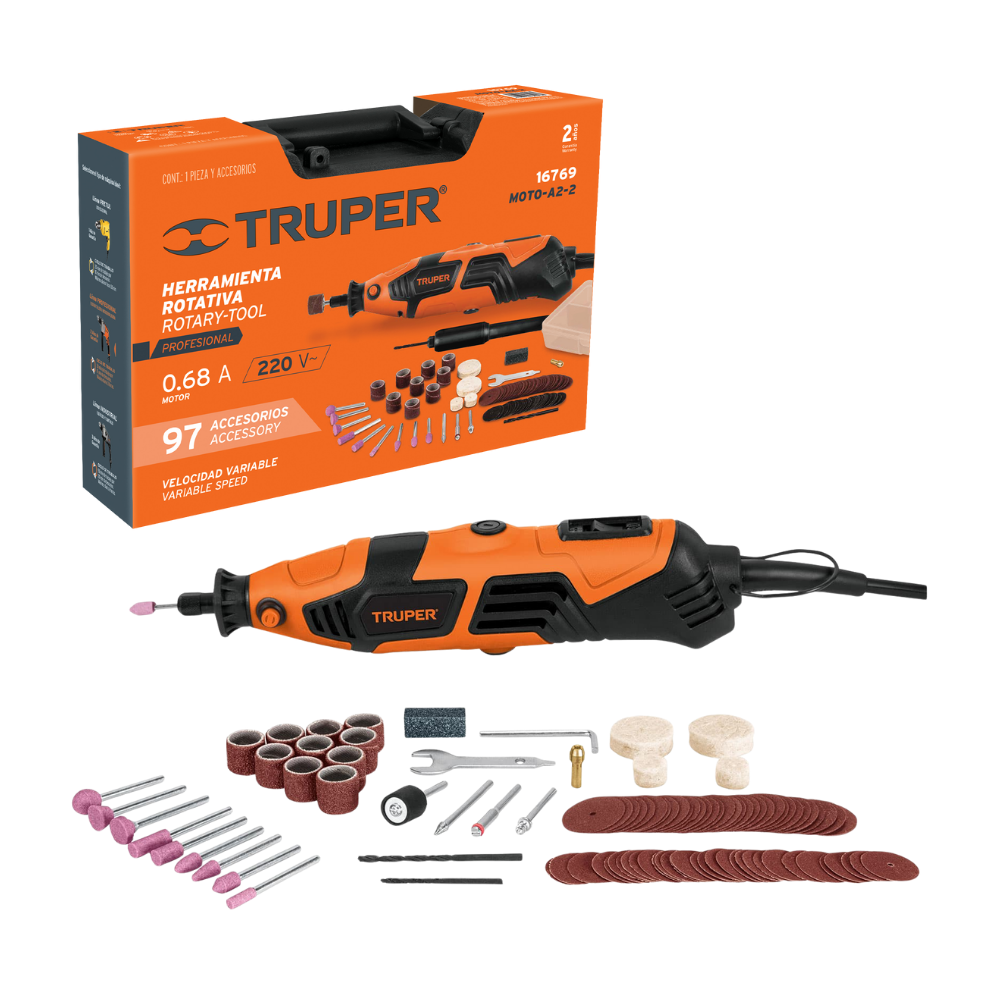 Taladro Rectificadora Moto Tool Profesional con 97 accesorios Truper MOTO-A2-2 150 W 