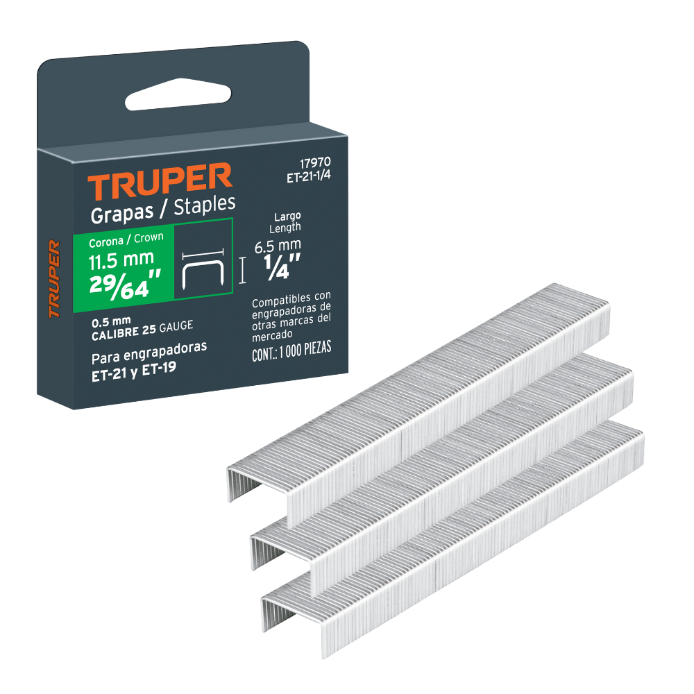Grapas 1/4 para Tapizar con Engrapadora ET-19 y ET-21 1000 Piezas - Truper 17970