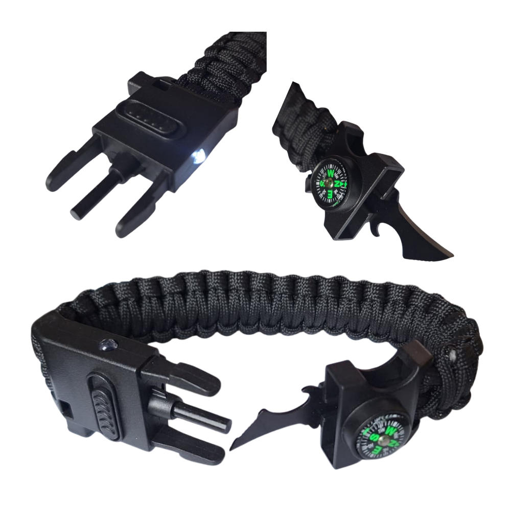 Pulsera Tactica Paracord Camping y Supervivencia Con Navaja Silbato Mechero Brujula y Linterna