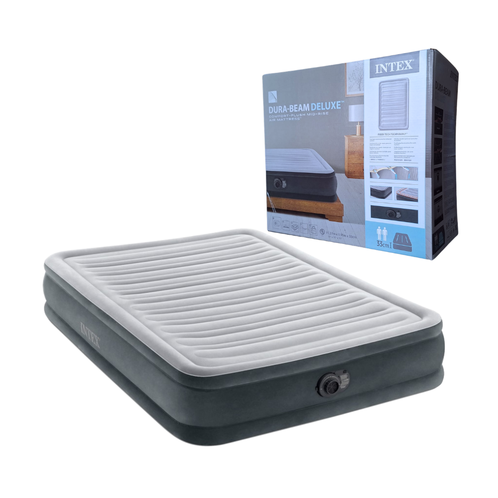 Colchon Inflable Dura Beam Deluxe INTEX 191x137x33 cm para Dos Personas con Inflador Eléctrico