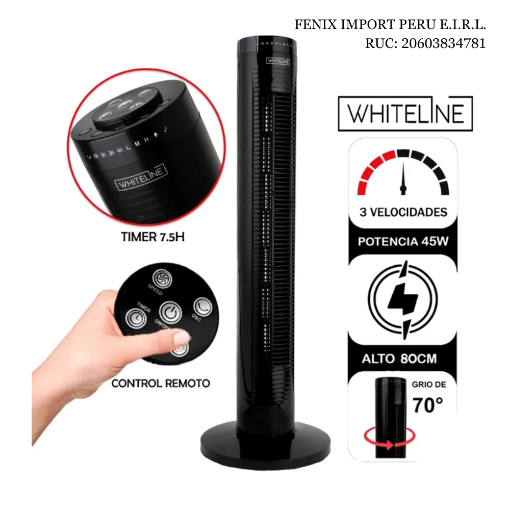 Ventilador de Torre Giratorio Silencioso 3 Velocidades 45W de 70″ 220V Whiteline