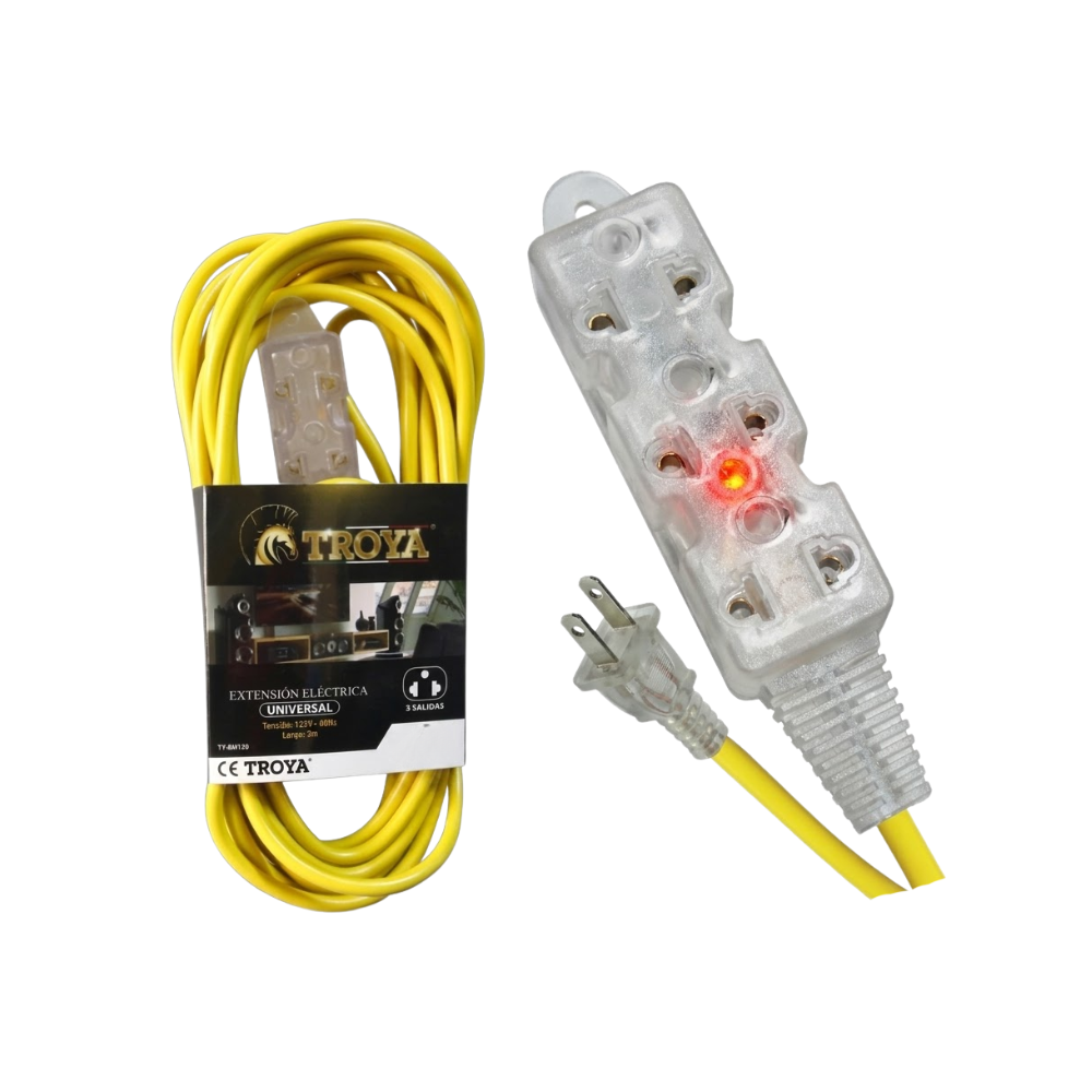 Extension Universal de 3 Tomas 10 Metros Con Luz Neon Indicadora y Toma a Corriente Bipolar Plano Troya Ty10M120