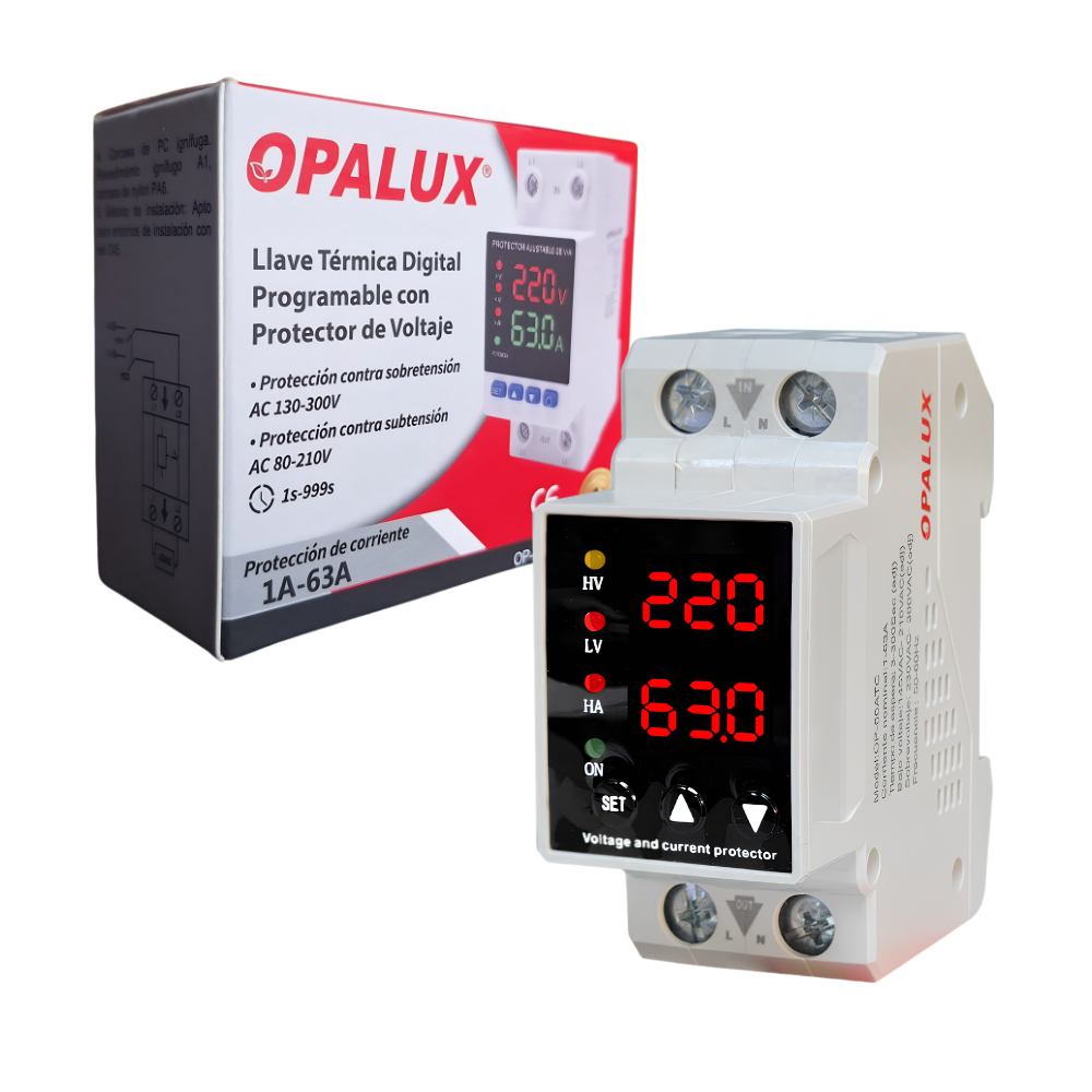 Llave Protector de Voltaje Ajustable 63A para Riel DIN con pantalla Digital y Proteccion por Sobre/Subtension Opalux OP-63ATC