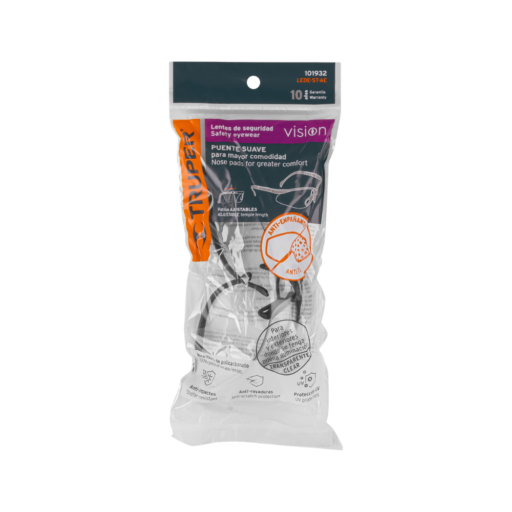Lentes de Seguridad Transparentes con Antiempaño Proteccion UV y 
Antirayadura Truper LEDE-ST-AE