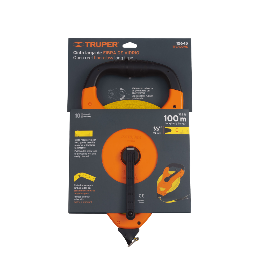 Cinta Metrica Larga 100 Metros Fibra de Vidrio Tipo Cruceta  para Construccion, Topografia y Medicion Profesional Truper TFC-100ME