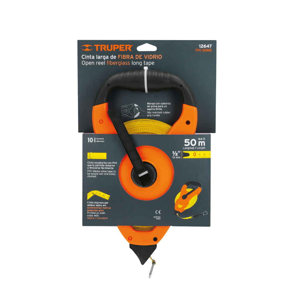 Cinta Metrica Larga 50 Metros Fibra de Vidrio Tipo Cruceta  para Construccion, Topografia y Medicion Profesional Truper TFC-50ME