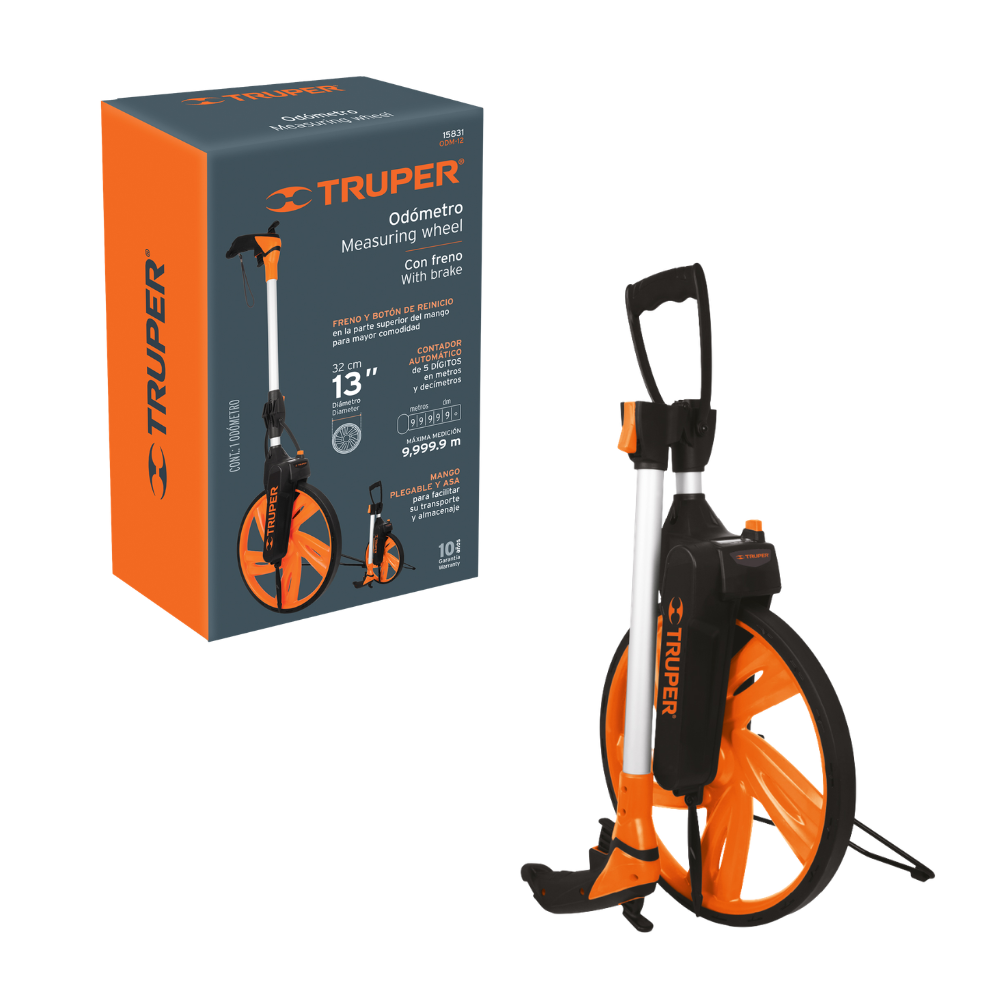 Medidor de Distancia Odometro con Freno y Rueda de 13” Construcción y Topografía 9999.9 m  5 digitos Truper ODM-12