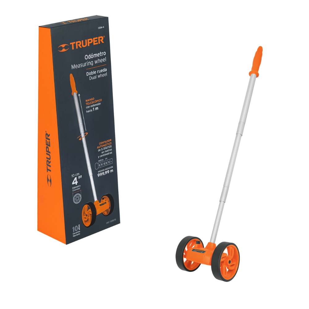 Medidor de Distancia Odometro con Doble Rueda de 4” 6 Digitos para Construccion y Topografia 999.99 m Truper ODM-4 H