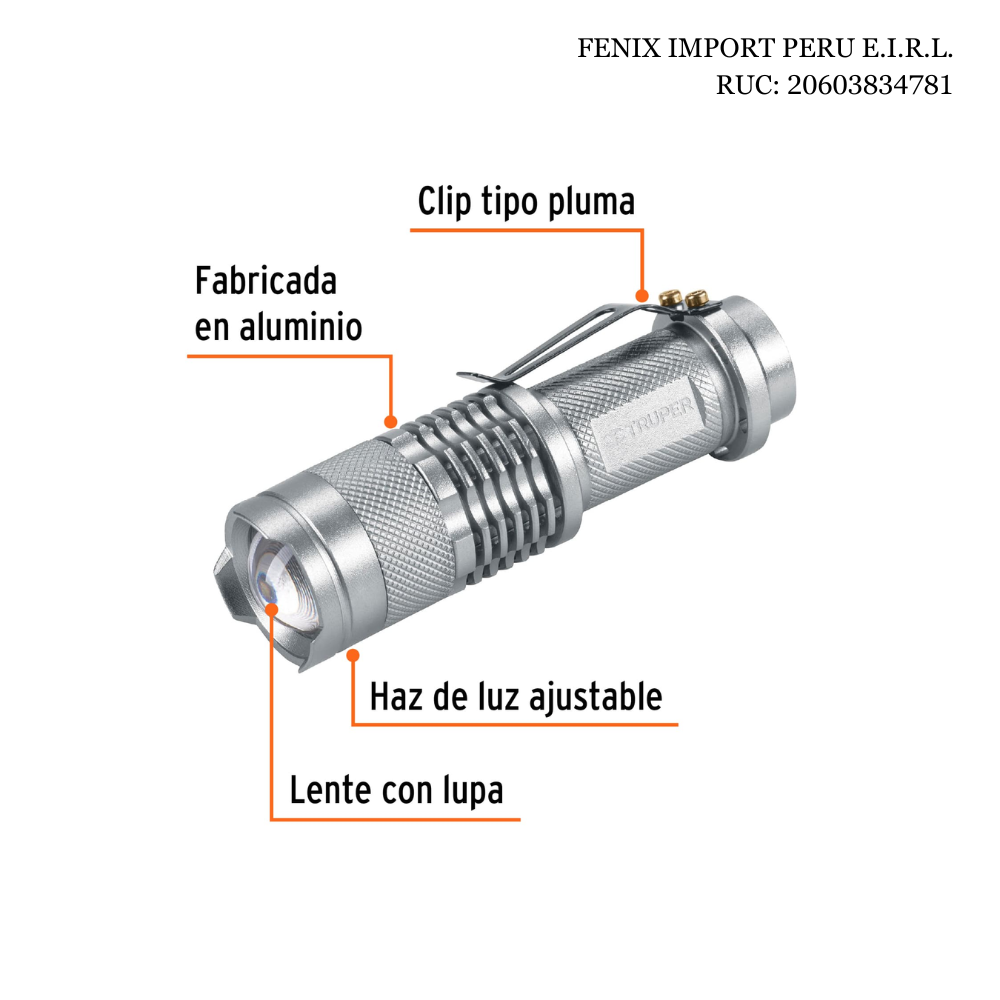 Linterna de Aluminio 1 LED 40 Lumenes con 1 Pila AA Recargable Compacta Portatil con Zoom Ajustable y Clip Truper LINA-1AA 