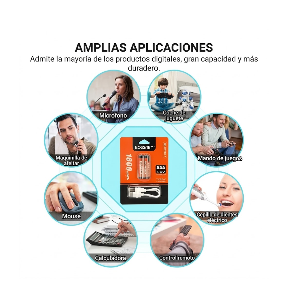 Pilas Recargables AAA 1600 mAh con Entrada USB Tipo-C 1.5V