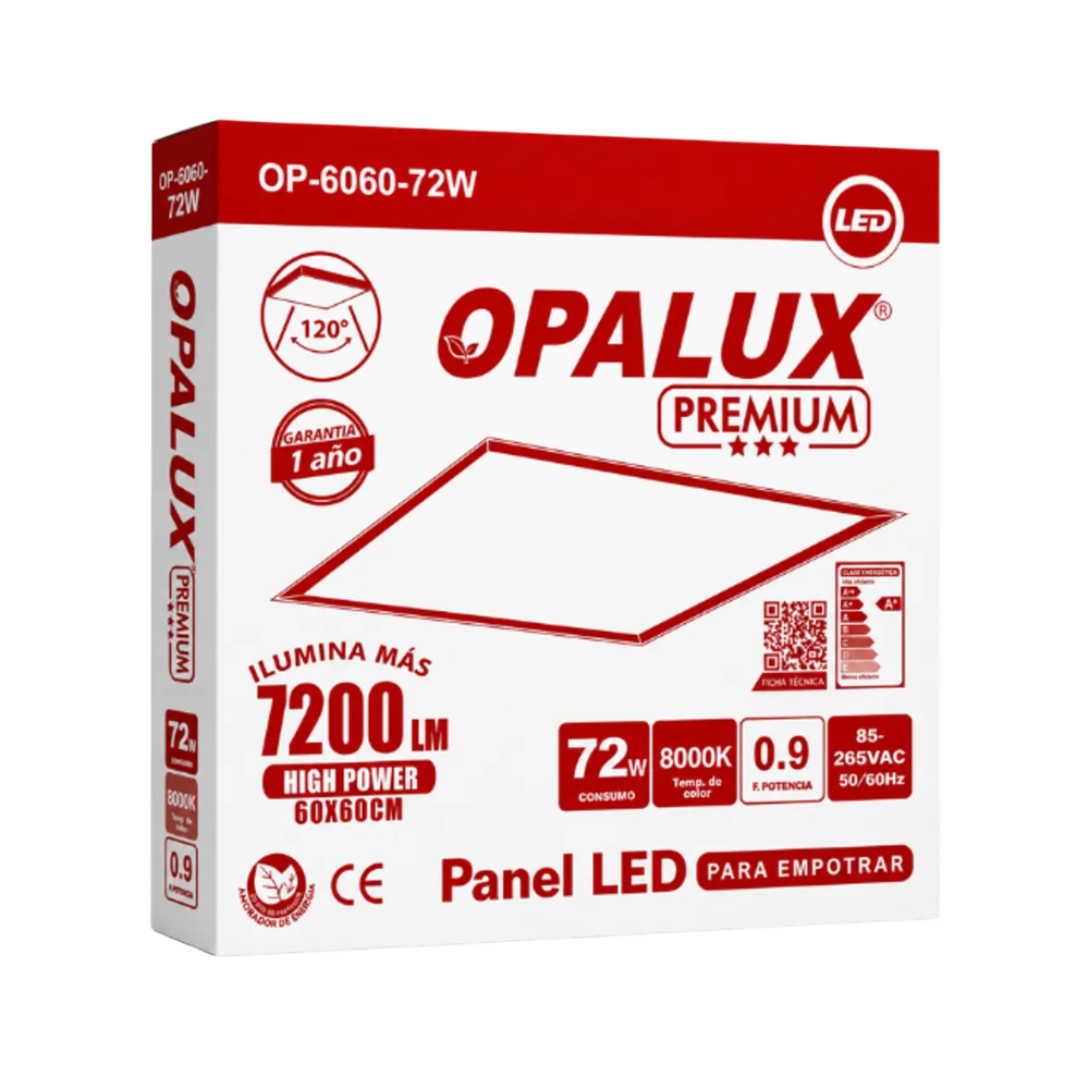 Panel LED de 60x60cm 72W 7200 Lumenes luz Blanca Para Empotrar OPALUX OP-6060-72W