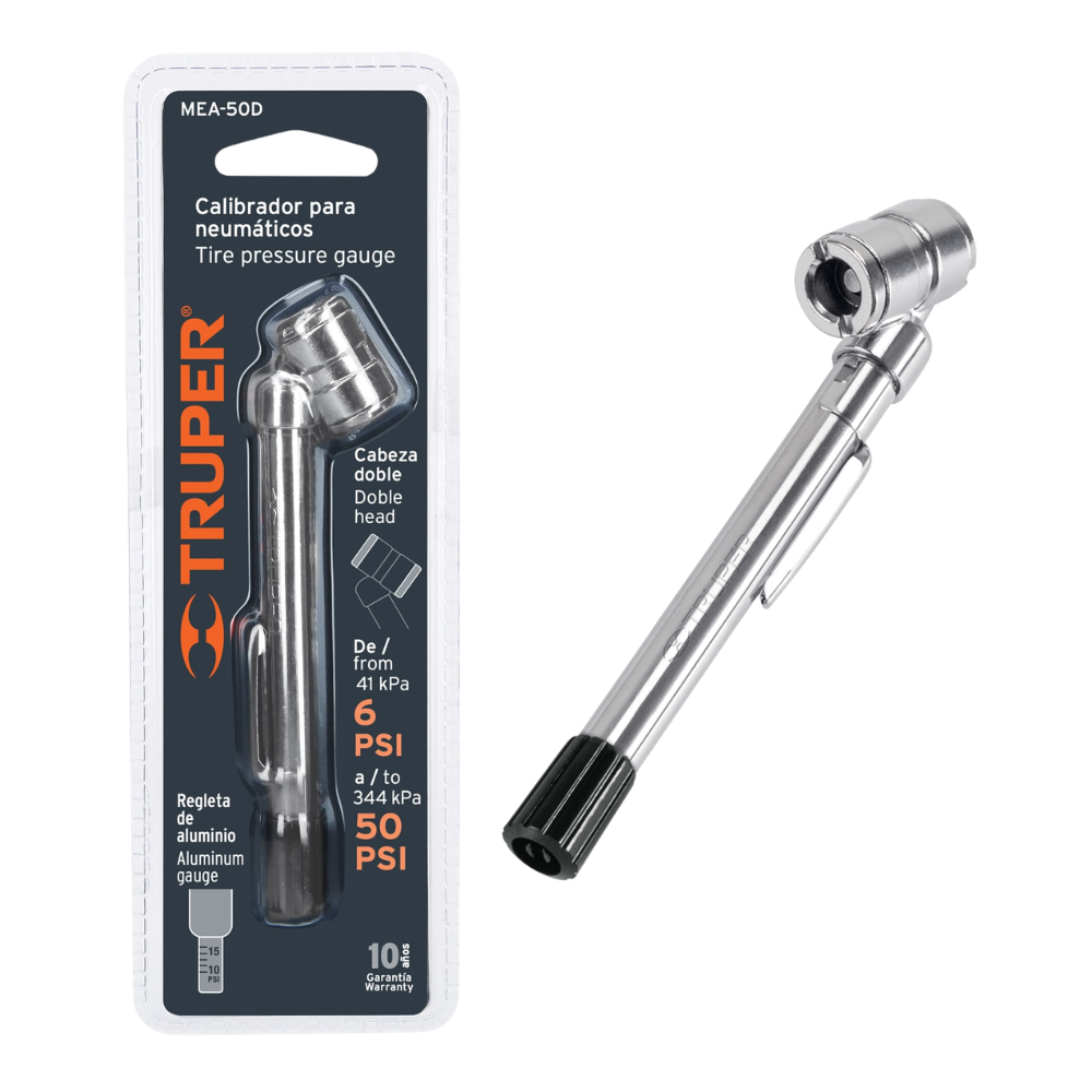 Medidor de Presion para Neumaticos de Laton Rango  6 a 50 PSI para Autos, Motos y Bicicletas Truper MEA-50D
