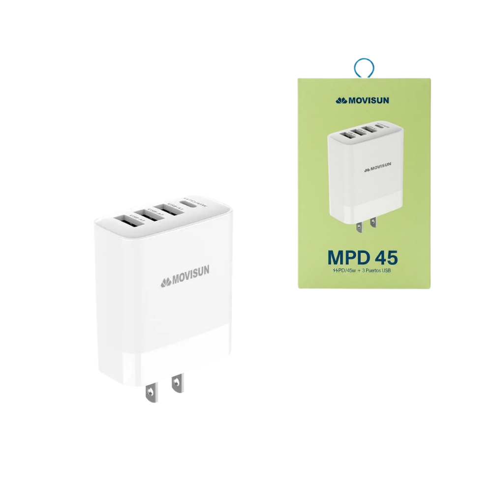 Cubo Cargador de Pared 45W con Puerto USB-c Power Delivery + 3 Puertos USB de Carga Rapida para Celulares Tablets Laptops Movisun MPD-45