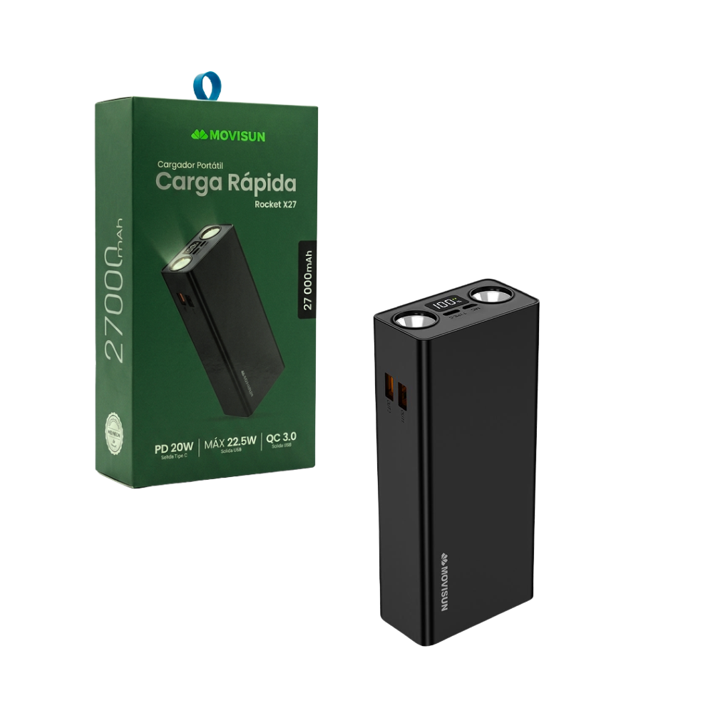 Power Bank de 27 000 mAh con Carga Rapida PD 22.5W Pantalla digital LED y Multipuertos USB Movisun Rocket X27