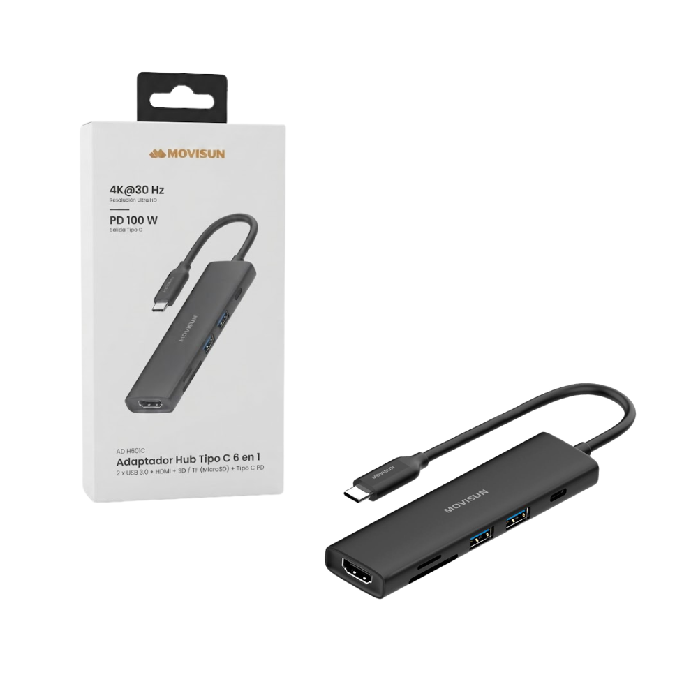 Adaptador HUB Tipo C 6 en 1 con HDMI 4k PD 100W 2 USB 3.0 SD/TF Compatible Laptop MacBook Tablet Celulares MOVISUN H601C