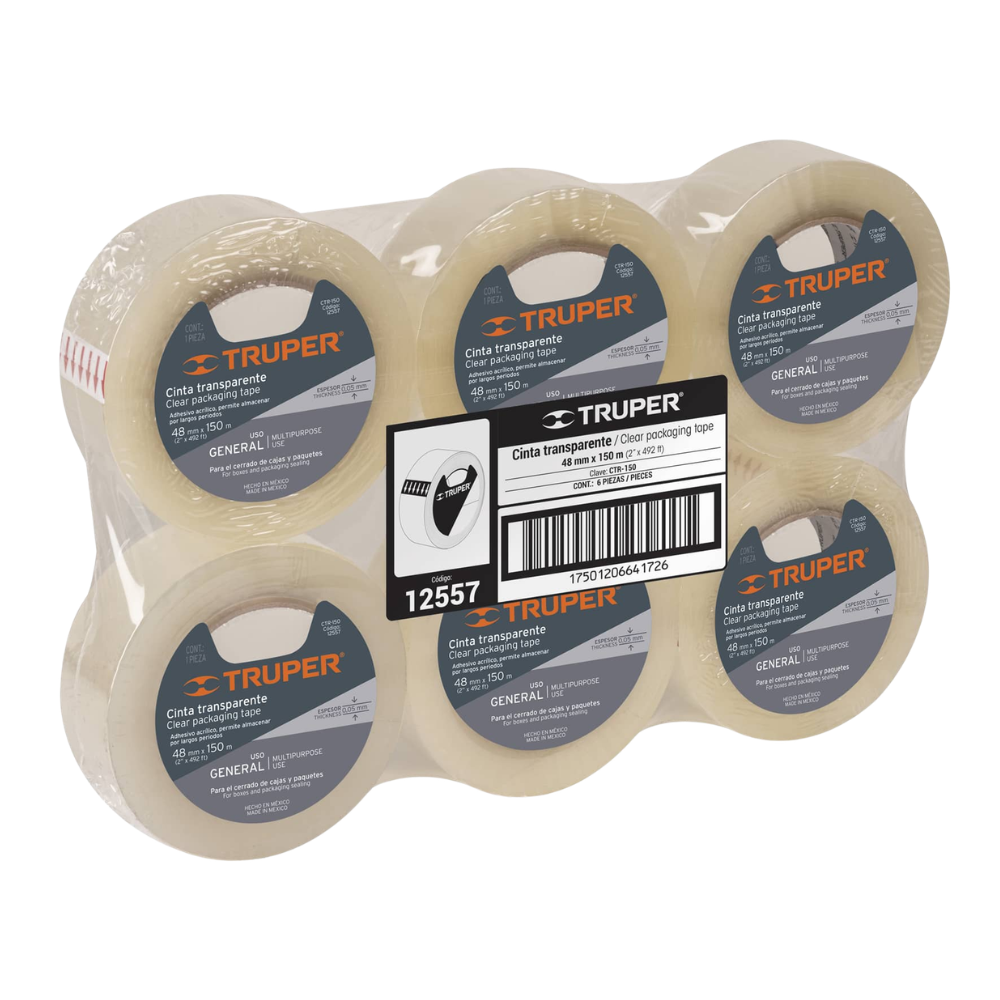 Cinta para Empaque Transparente de 150 Metros x 48 mm con Adhesivo Acrílico de Alta Adherencia para Embalaje y Sellado de Cajas x6 unidades TRUPER CTR-150