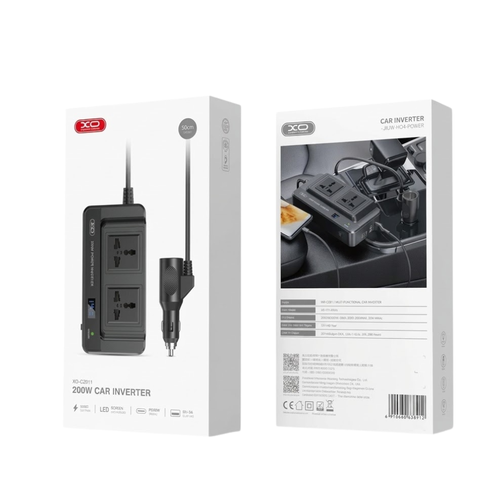 Inversor de Corriente para Cigarrera 200W para Auto con 2 Tomas AC, 2 Puertos USB y USB-C
XO-CZ011
