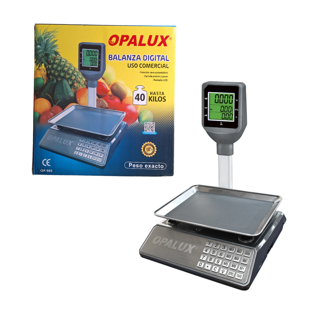 Balanza Electronica Comercial Digital con Poste de 40 kg Recargable con Doble Pantalla LCD, Plataforma de Acero Inoxidable, 7 Memorias y Función Tara para Negocios y Comercios OPALUX OP-989