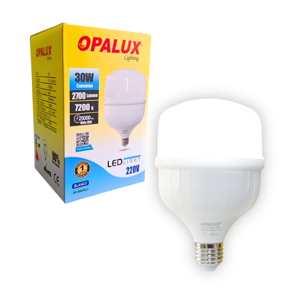 Foco LED de 30W Luz Blanca 7200K Base E27 2700 Lumenes Alto Brillo para Hogar, Comercio e Iluminacion General OPALUX OP-30W7KLC