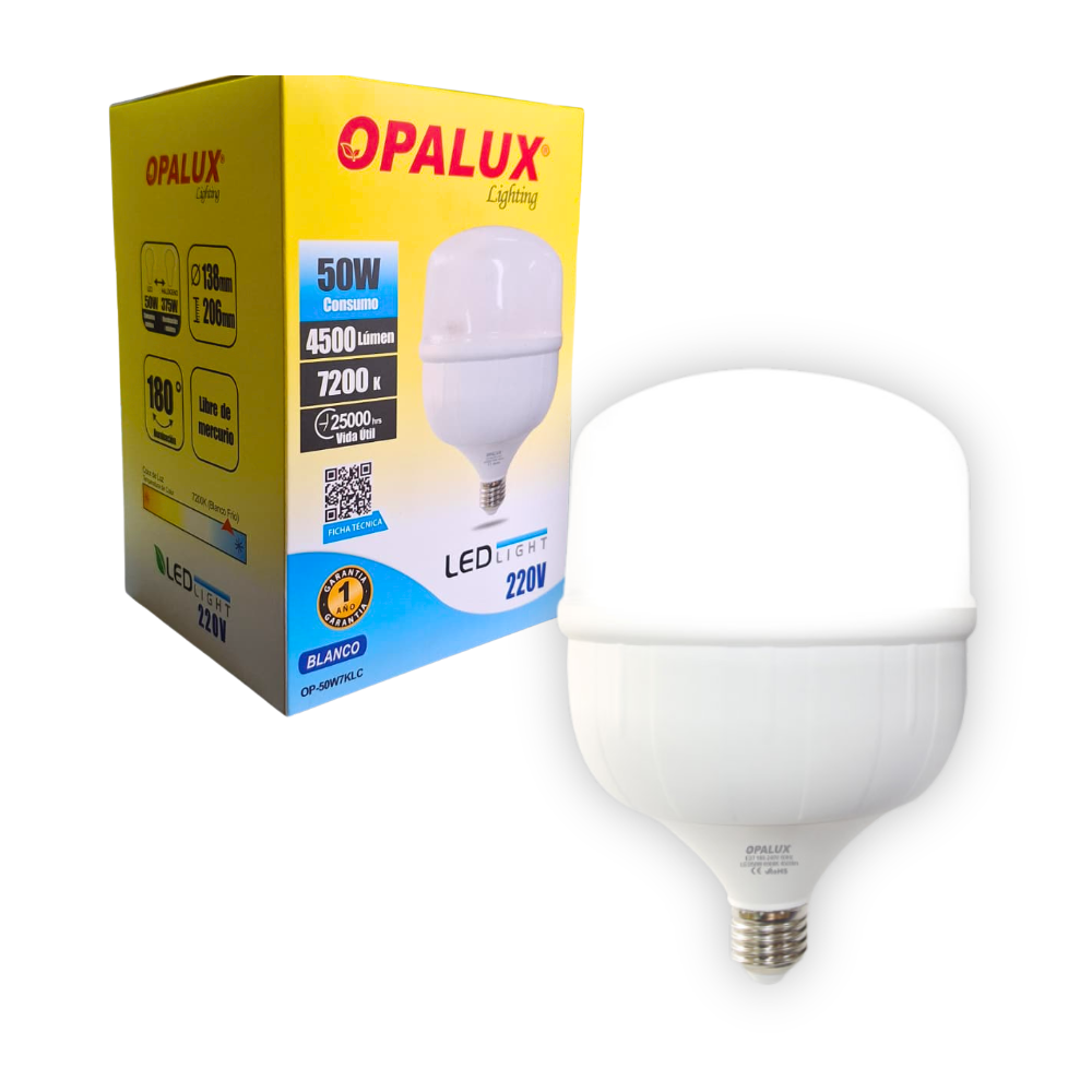 Foco LED de 50W Luz Blanca 7200K Base E27 4500 Lumenes Alto Brillo para Hogar, Comercio, Talleres y Almacenes OPALUX OP-50W7KLC