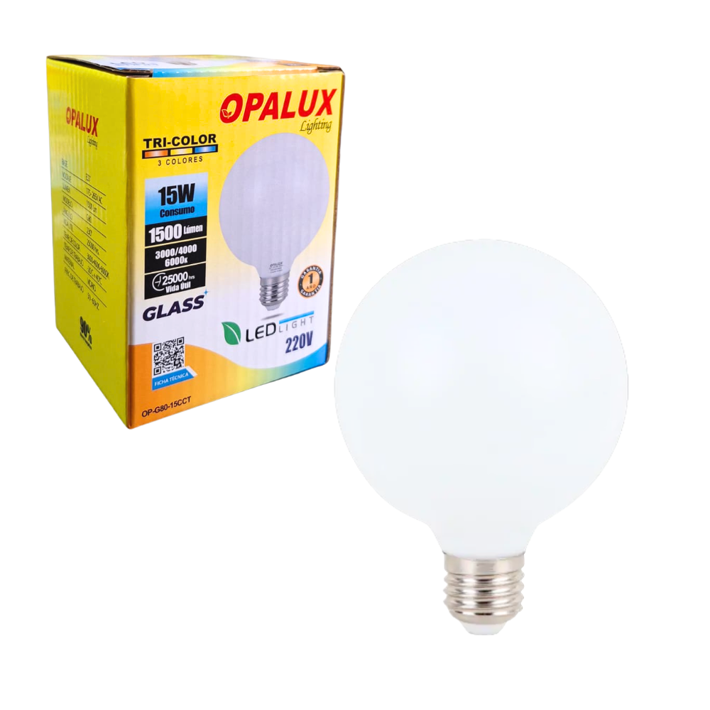 Foco LED Tricolor de 15W con Ampolla de Vidrio G80 Rosca E27 3 Temperaturas de Color 1500 Lumenes y Bajo Consumo OPALUX OP-G80-15CCT 