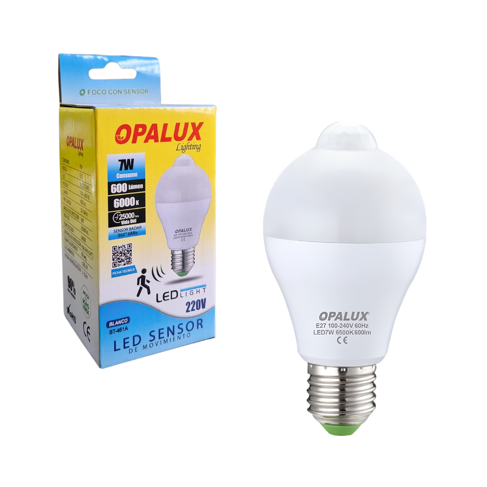 Foco LED con Sensor de Movimiento 360° de 7W Luz Blanca 6500K Base E27 Encendido Automatico para Hogar, Pasillos y Escaleras OPALUX ST-461A