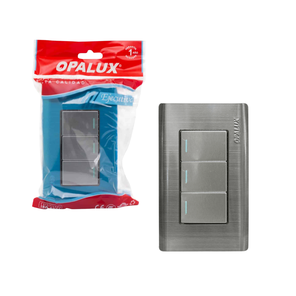 Interruptor Metalico Triple con Dado Grande 10A 127–250V AC para Instalaciones Electricas Residenciales, Comerciales y Oficinas OPALUX OP-S03