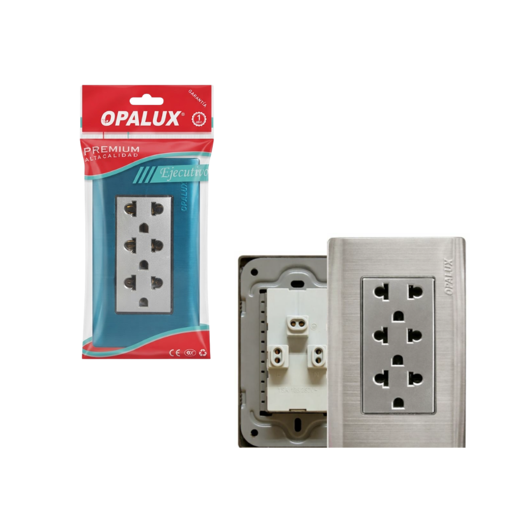 Tomacorriente Metálico Universal Triple 2 Polos + Línea a Tierra 15A 127–250V AC para Instalaciones Eléctricas Residenciales, Comerciales y Oficinas OPALUX OP-S49