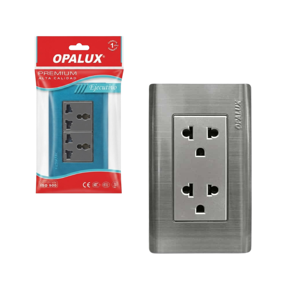 Tomacorriente Metálico Universal Doble 2 Polos + Línea a Tierra 15A 125–250V AC con Dado de 7 cm para Instalaciones Residenciales y Comerciales OPALUX OP-S26