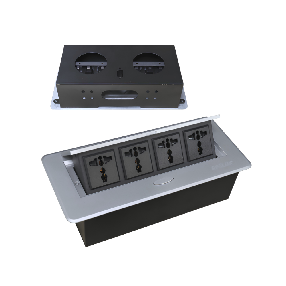 Tomacorriente para Mueble Color Plata con 4 Tomas Universales Tapa Deslizante, Potencia Maxima de 2500 W y Diseño Empotrable para Escritorios, Oficinas y Cocinas OPALUX OP-UTS4SL