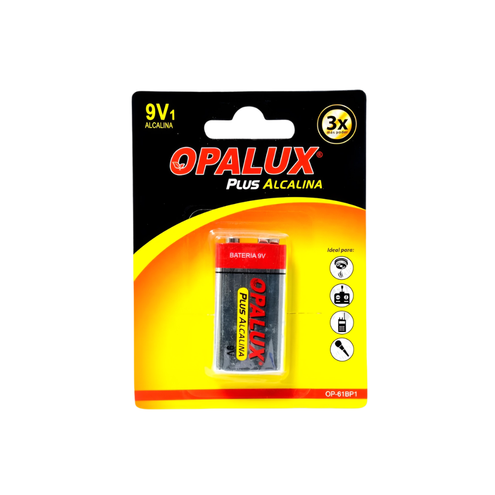 Bateria Alcalina 9V de Larga Duracion para Detectores, Microfonos, Multimetros, Juguetes y Dispositivos Electronicos OPALUX OP-61BP1