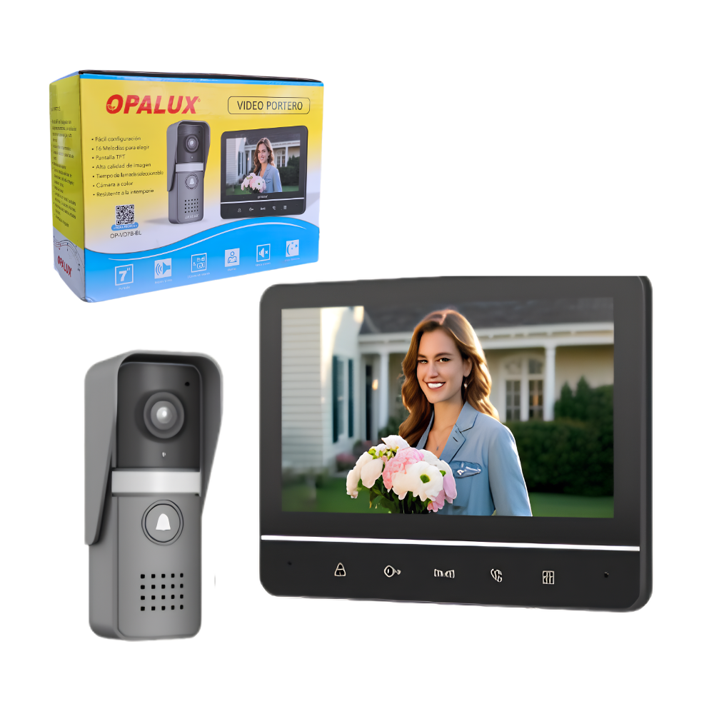 Timbre Intercomunicador con Pantalla TFT y Camara 16 Melodías 5 Niveles de Volumen para Hogar y Oficina OPALUX OP-VD7B-BL