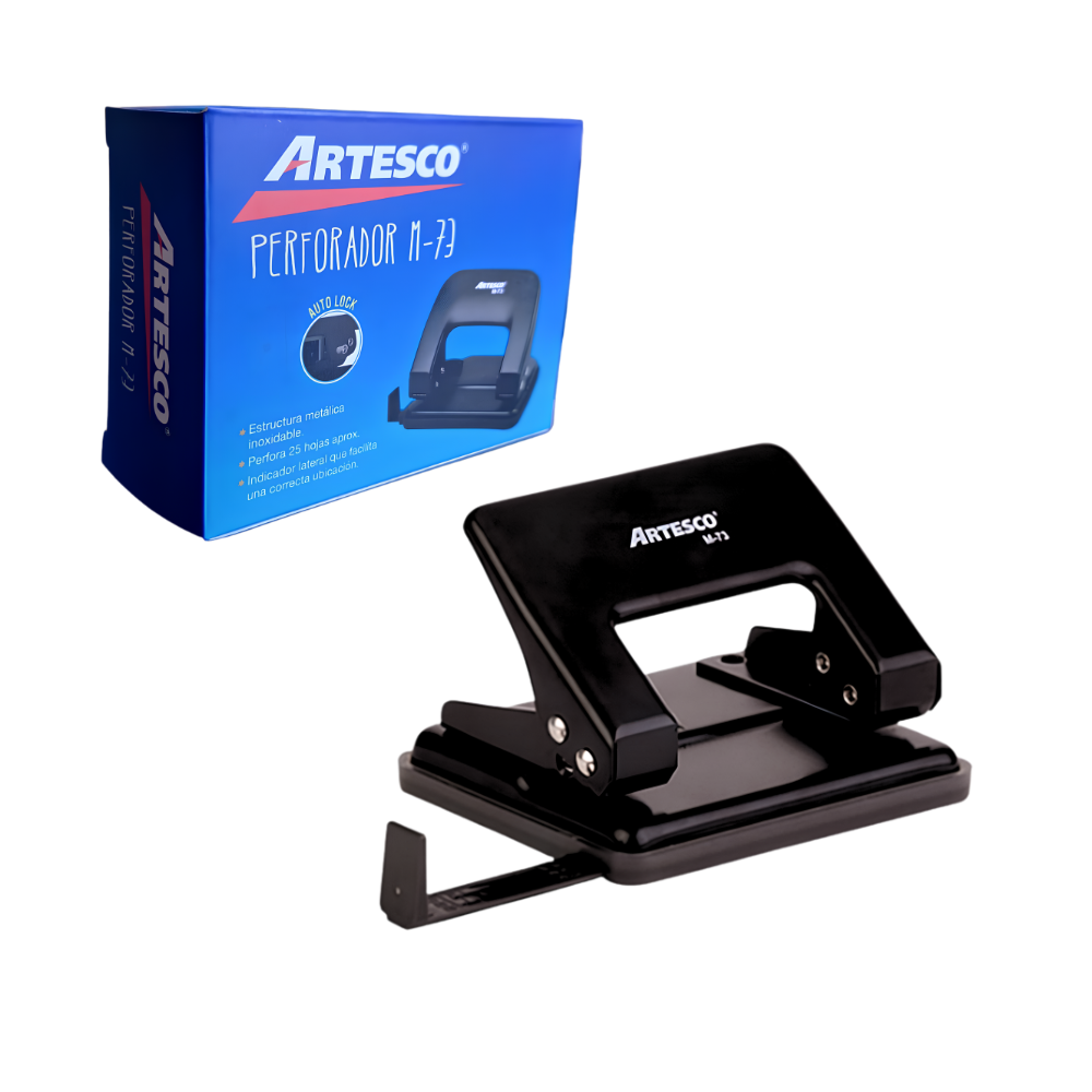 Perforador de Oficina Negro para hasta 25 Hojas con 2 Perforaciones y Regla Guía Ajustable Artesco M-73