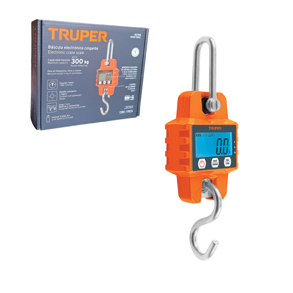 Balanza Colgante Electronica de 300 kg con Pantalla LCD Retroiluminada Función HOLD Gancho para Uso Industrial y Comercial Truper BASE-300C