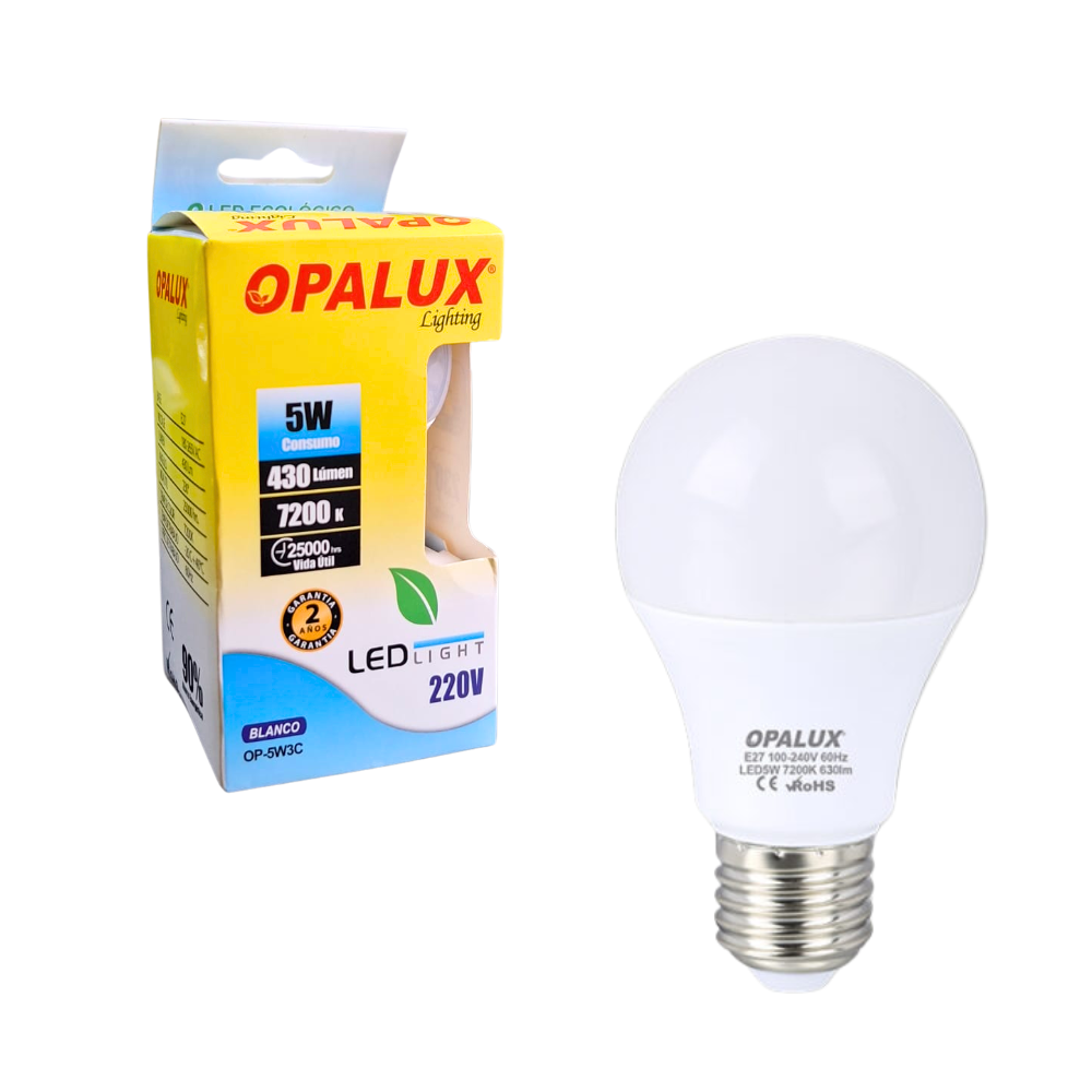 Foco LED de 5W Luz Blanca 6500K Rosca E27 430 Lúmenes 100-240V de Bajo Consumo para Iluminación Residencial OPALUX OP-5W3C 