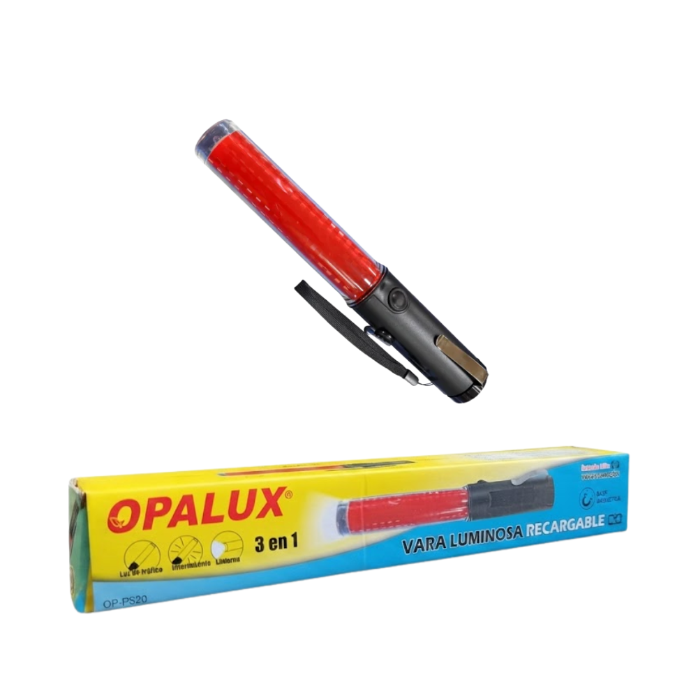 Vara Luminosa Recargable LED de Alta Visibilidad con Luz Roja Intermitente y Fija para Seguridad Vial, Control de Tránsito y Emergencias OPALUX OP-PS20