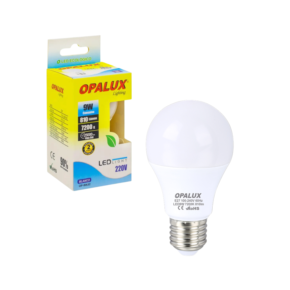 Foco LED de 9W Luz Blanca 6500K Rosca E27 810 Lúmenes 100-240V de Bajo Consumo para Iluminación Residencial OPALUX OP-9W3C 