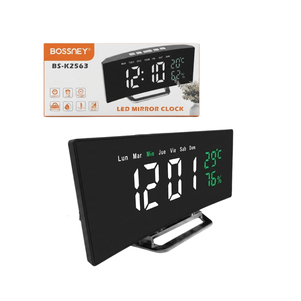 Reloj Digital para Escritorio con Alarma Formato 12/24 hrs Día y Fecha Pantalla LCD Curvo Bossney BS-K2563