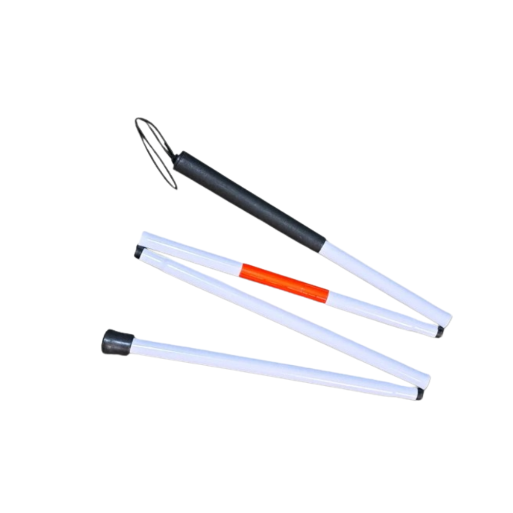 Baston Guia Blanco Plegable de Aluminio para Personas con Discapacidad Visual con cinta Reflectante Rojo Empuñadura Antideslizante 4 Secciones 123 cm