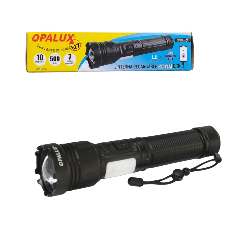 Linterna Tactica y Lampara Recargable con Zoom LED 10W 500 Lumenes USB Tipo C Función Power Bank Base Magnetica IP44 para Camping, Emergencias y Uso Profesional OPALUX OP-802D