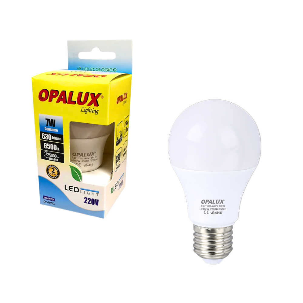 Foco LED de 7W Luz Blanca 6500K Rosca E27 630 Lúmenes 100-240V de Bajo Consumo para Iluminación Residencial OPALUX OP-7W3C 