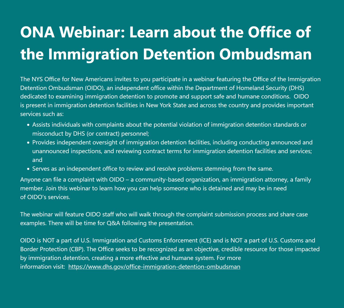 Webinar: The Office of the Immigration Detention Ombudsman