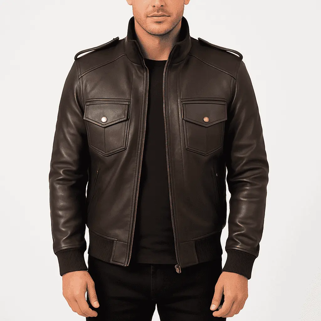 Agent Shadow Brown Leather Bomber Jacket