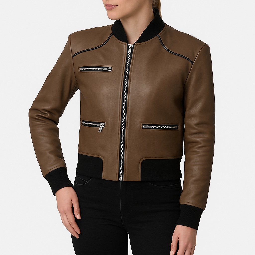 Betty Womens Brown Bomber Leather Jacket