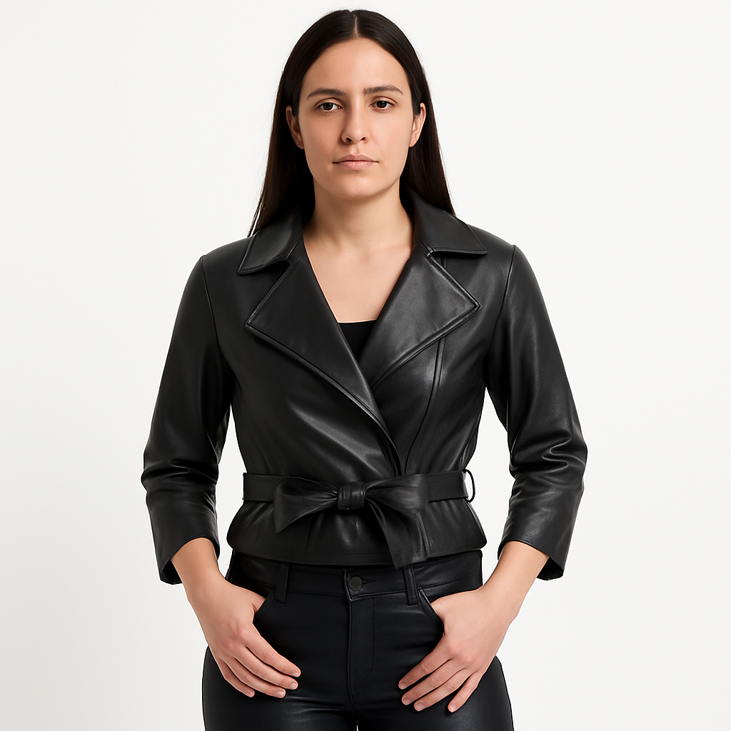 Women's Black Cropped Biker Genuine Leather Jacket