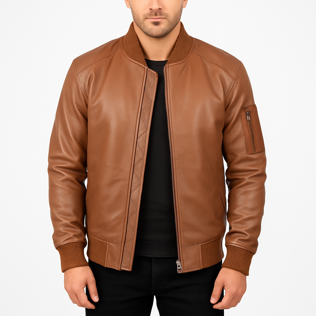 Bomia MA-1 Brown Leather Bomber Jacket for Men