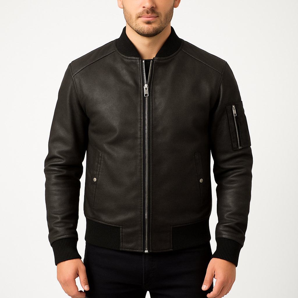 Men's Bomia MA-1 Distressed Black Leather Bomber Jacket