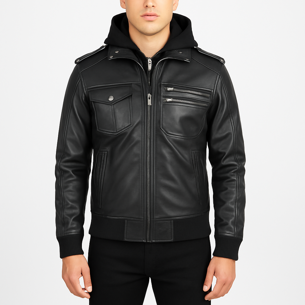 Men's Bravado Black Hooded Leather Bomber Jacket